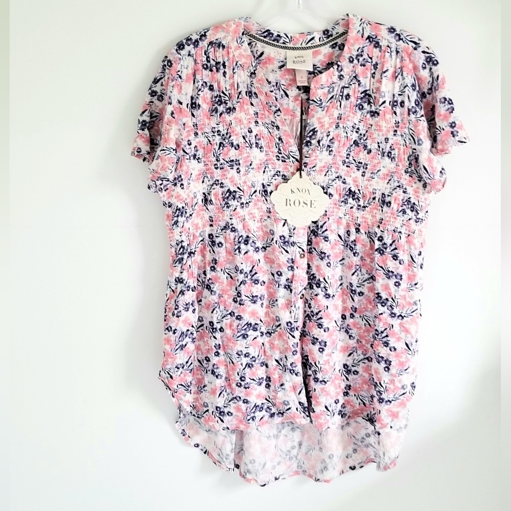 Knox Rose Top Pink Navy floral button down top Short Sleeve NWT - Picture 2 of 7